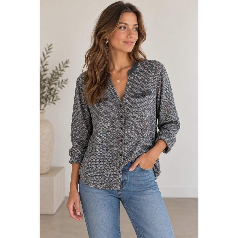 Soft Surroundings Blouse Womens Medium Gray Geometric Button Up Rayon Shirt Top